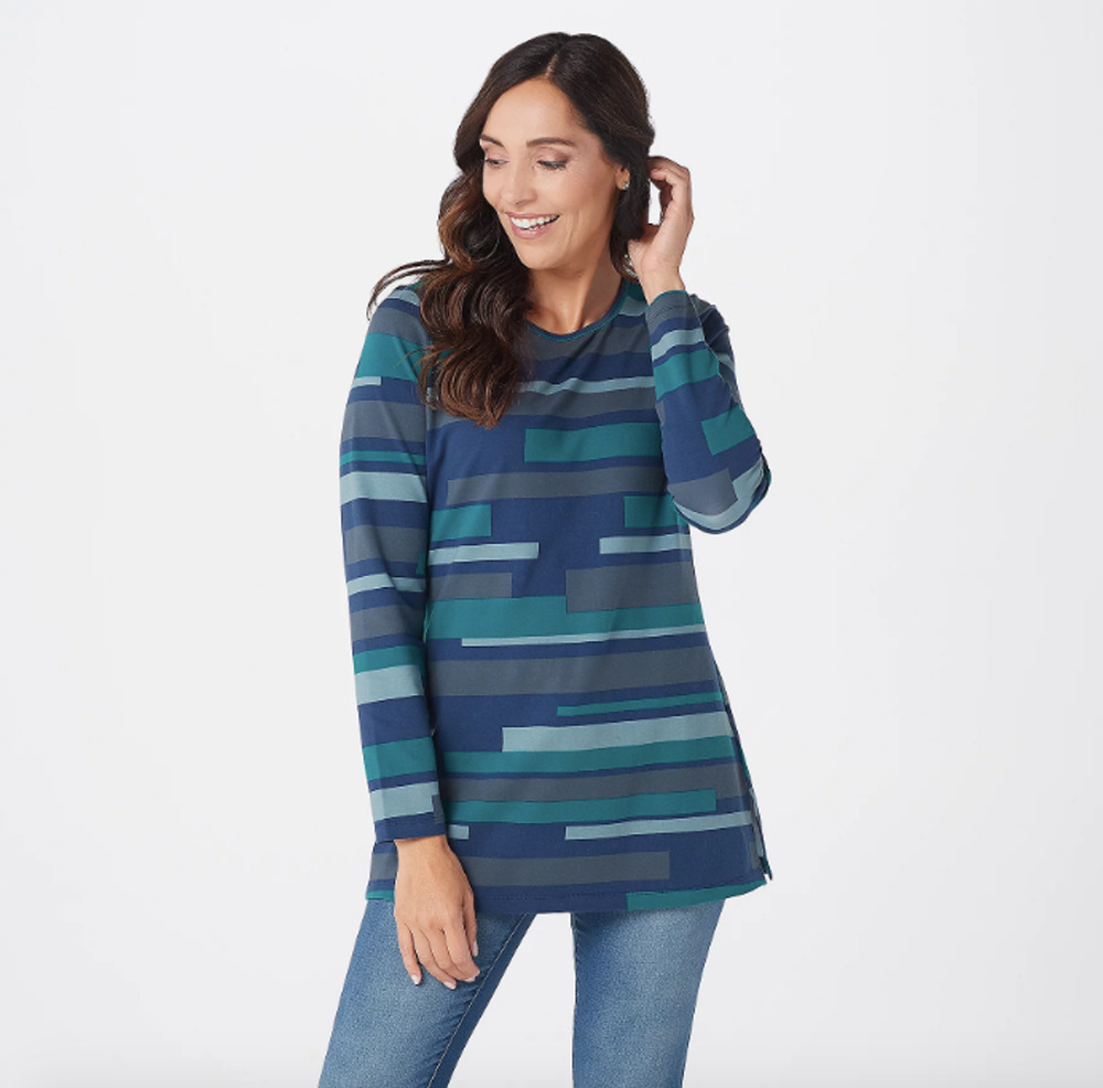 Denim & Co. Women Top Tunic XXS Dark Blue Striped Perfect Jersey Longsleeve NWOT